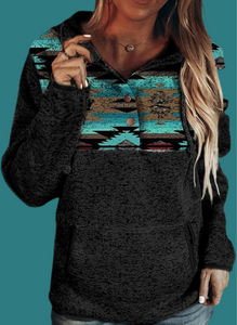 Aztec Print Charcoal Black Hooded Pullover