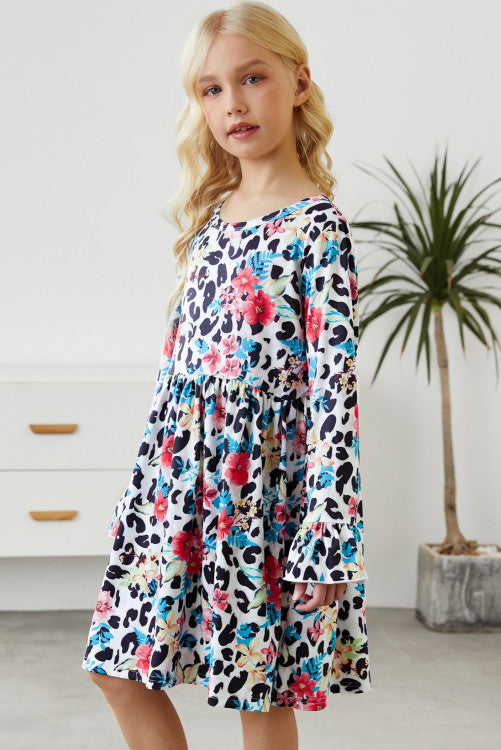 Girls Colorful Floral Leopard Print Ruffled Long Sleeve Dress