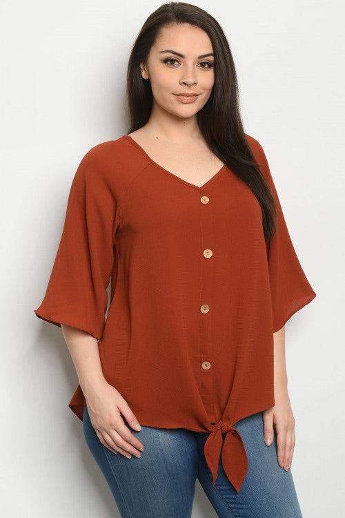 Plus size raglan bell half sleeve V-neck top with button front and tie knot detail. Silky texture fabric , roomy!!!  L: 25" B: 44" W: 46"  Made in the USA 