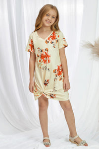 Girls Pastel Yellow Orange Floral V-neck Twist Knot Knit Sundress