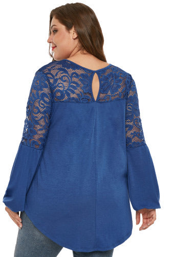 •Long sleeved style with lace splice   •Floral lace and keyhole back details  •V neckline, shirttail hemline, relaxed fit  •Made of soft knit fabric