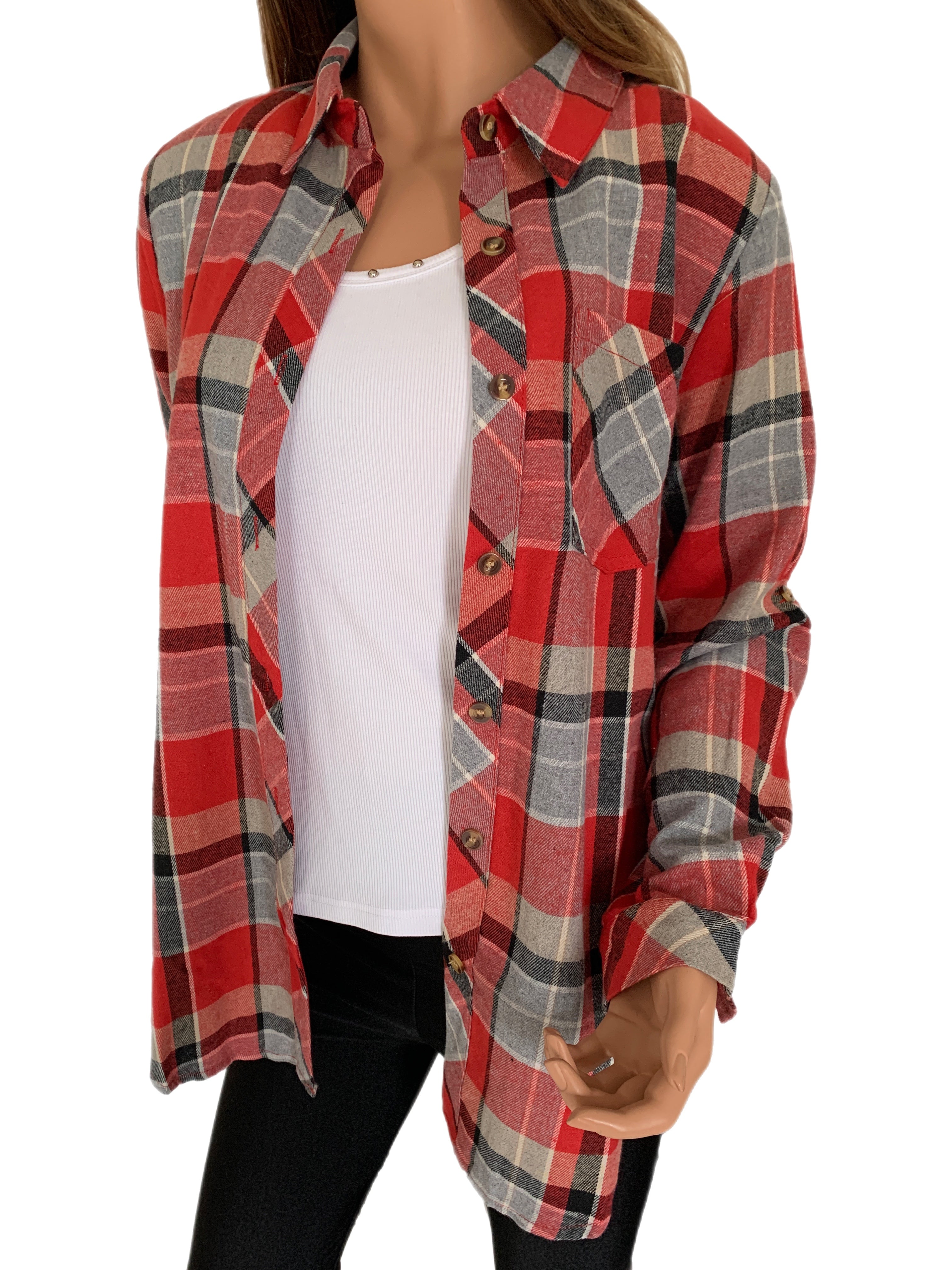 Red Charcoal Plaid Button Up Shirt
