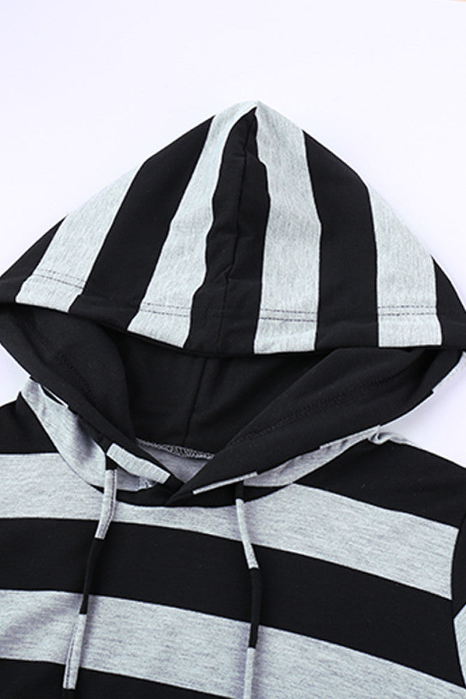 Gray and Black Striped Colorblock Lightweight Hoodie
