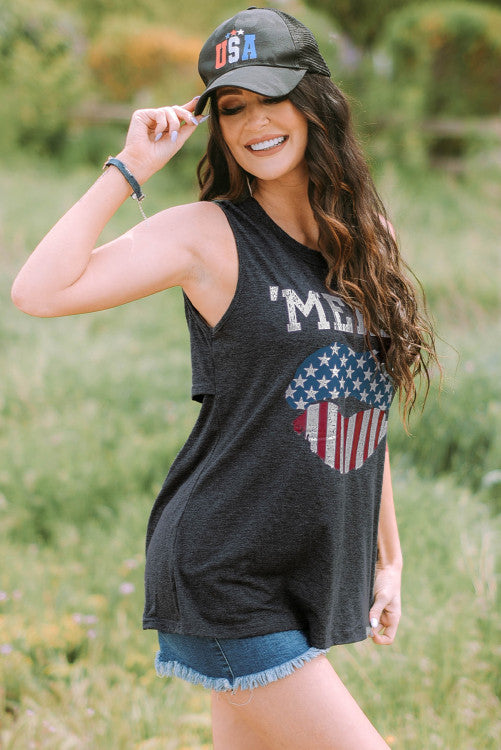 ’Merica Flag Lips Cut Out Back Sleeveless Top