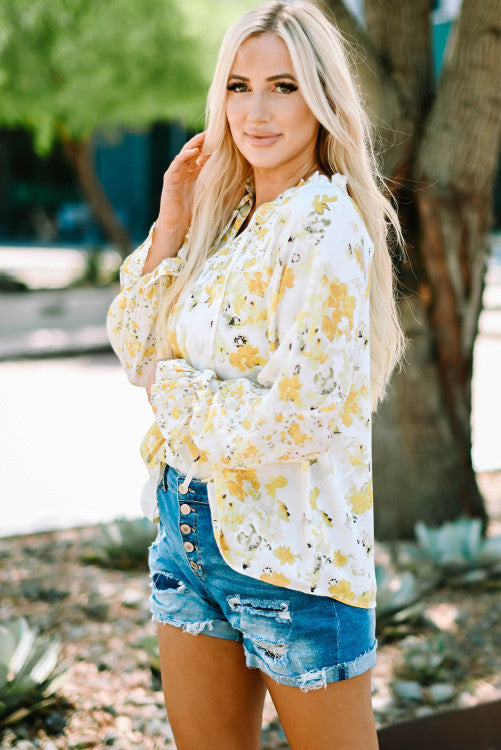 Yellow Floral Ruffly V-Neck Blouse