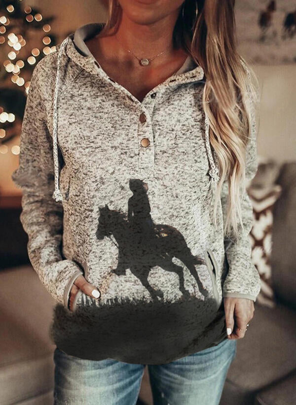Horse Print Brown Snap Vneck Hooded Pullover