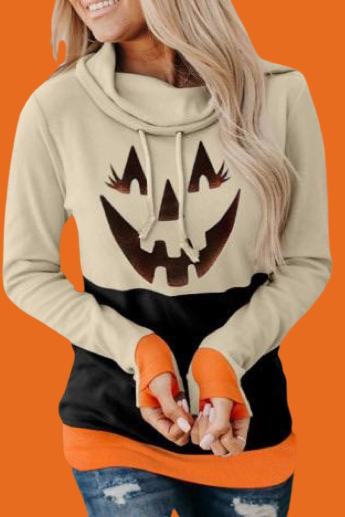 Cowl Neck Pumpkin Print Color Block Halloween Sweatshirt