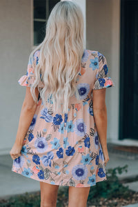 Pink Ruffled Short Sleeve Blue Floral Dress