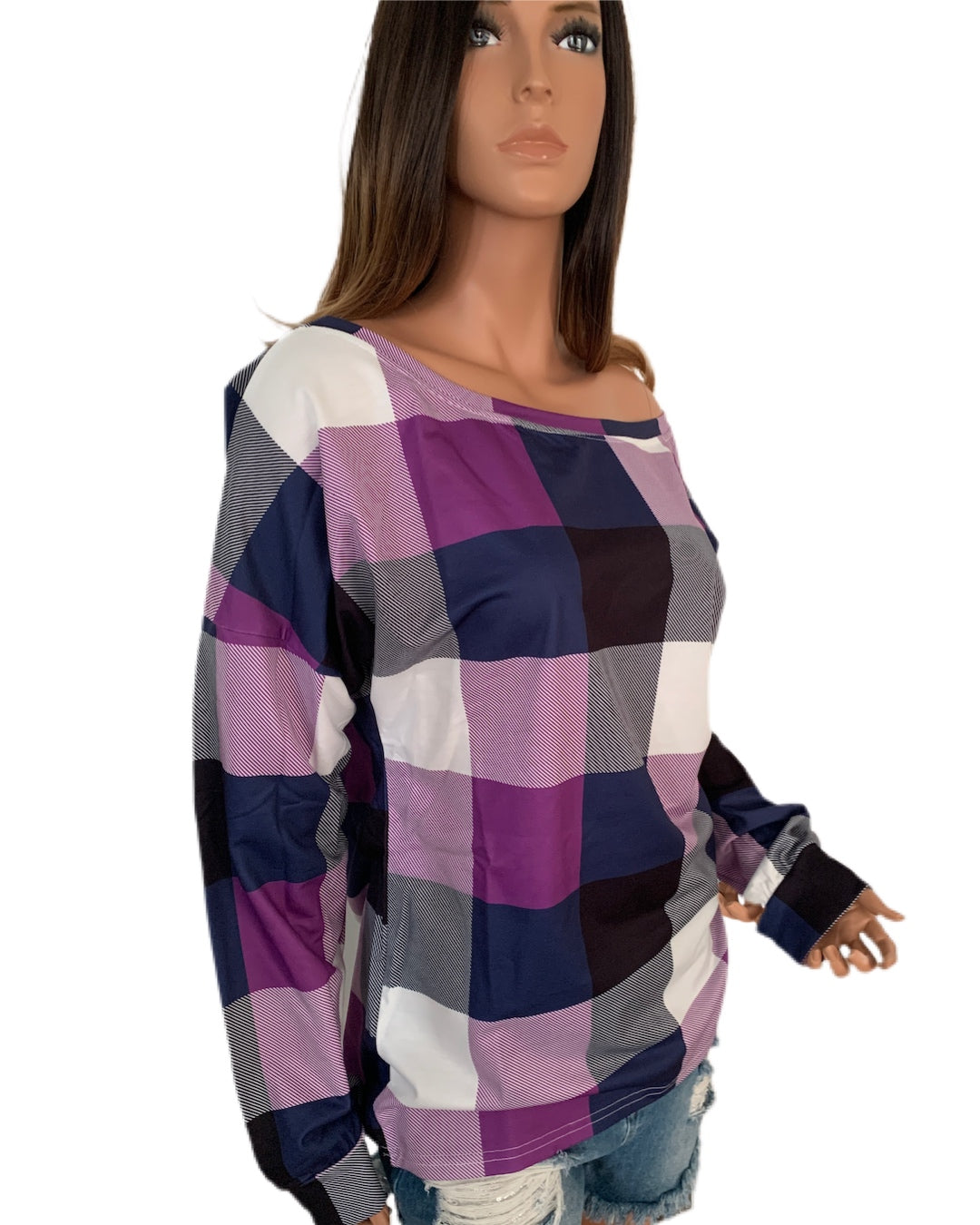 Purple Plaid Round Neck Long Sleeve Shirt
