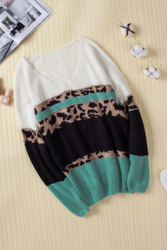Teal Leopard Print Colorblock Sweater