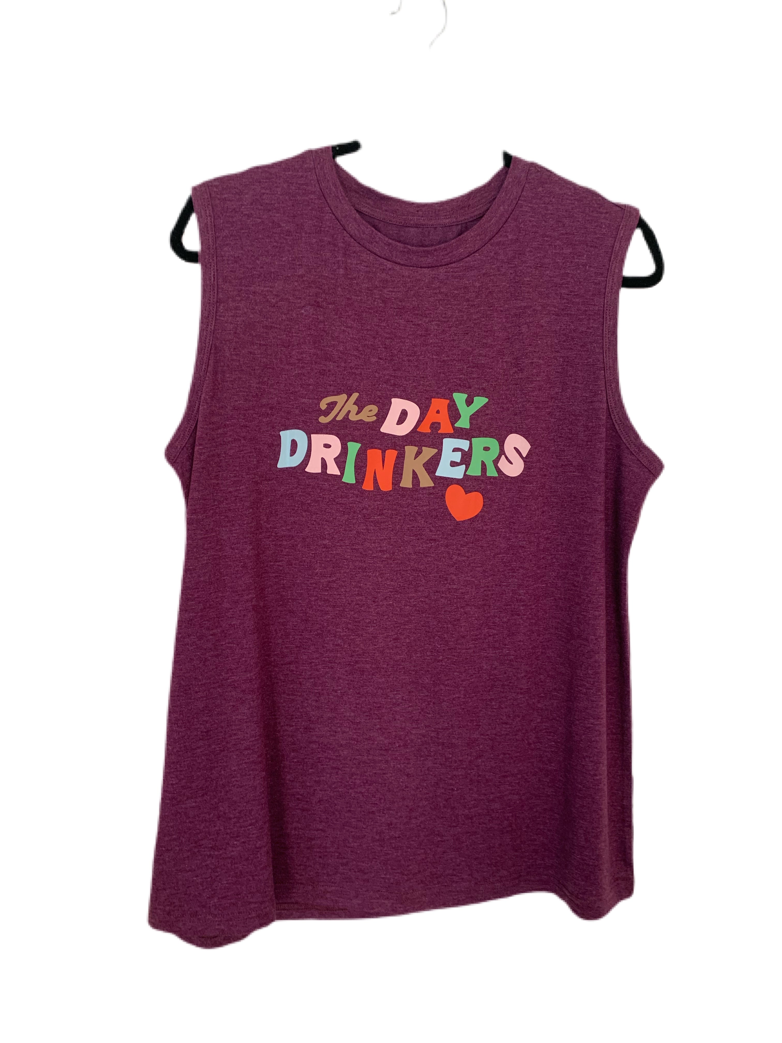 This classic purple sleeveless tee is soft and comfortable, light and breathable, perfect for hot summer days. Day Drinkers print is vinyl letters in multiple colors. Grab all your friends and have a good time with this trendy top.