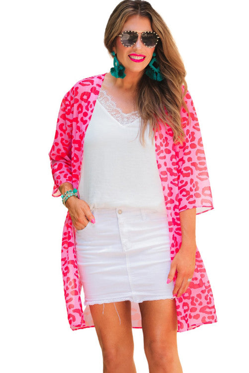 Pink Red Leopard Print Kimono