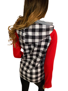 Black and white plaid, with red sleeves double hooded hoodie. Outer hood is black plaid, with inner hood solid gray. Has thumbholes with gray accents. Front has red and black printed Christmas trees for a festive look. Super cute, very trendy for the holiday season. Has asymmetrical zip at right shoulder. Has draw strings off to side on right side, very trendy.  Sizes small, medium, large, extra large, 2X