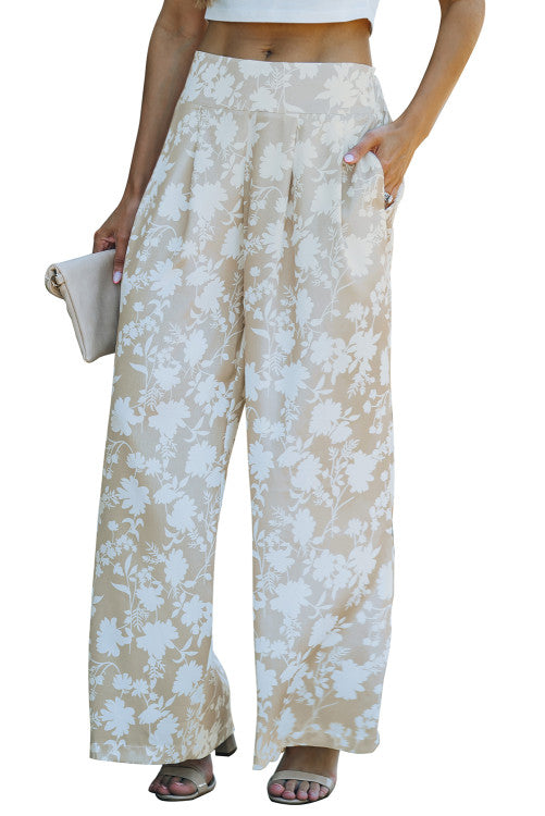 Tan Floral Silky Wide Leg Pants