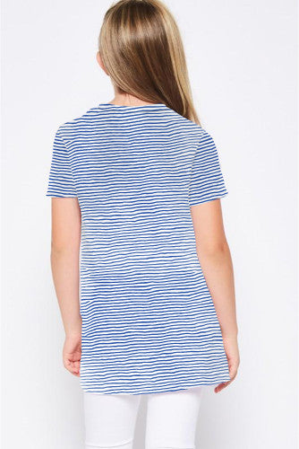Girls Blue Striped Short Sleeve Front Twist Tunic Top