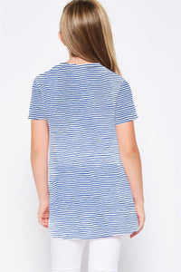 Girls Blue Striped Short Sleeve Front Twist Top