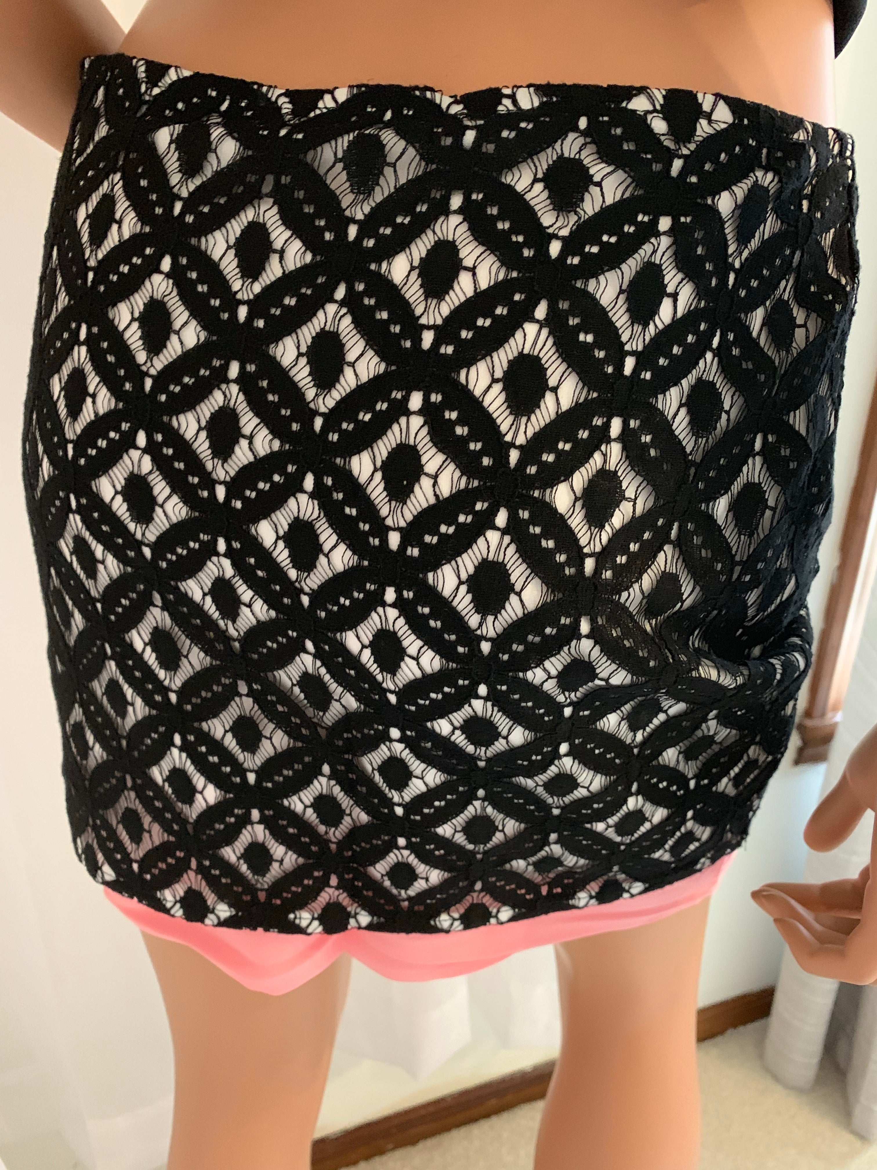 Black Lace On White Pink Hem Mini Skirt