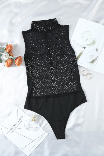 Black Sheer Rhinestone Studded Sleeveless Bodysuit