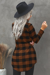 Brown Plaid Snap Up Long Flannel Shirt