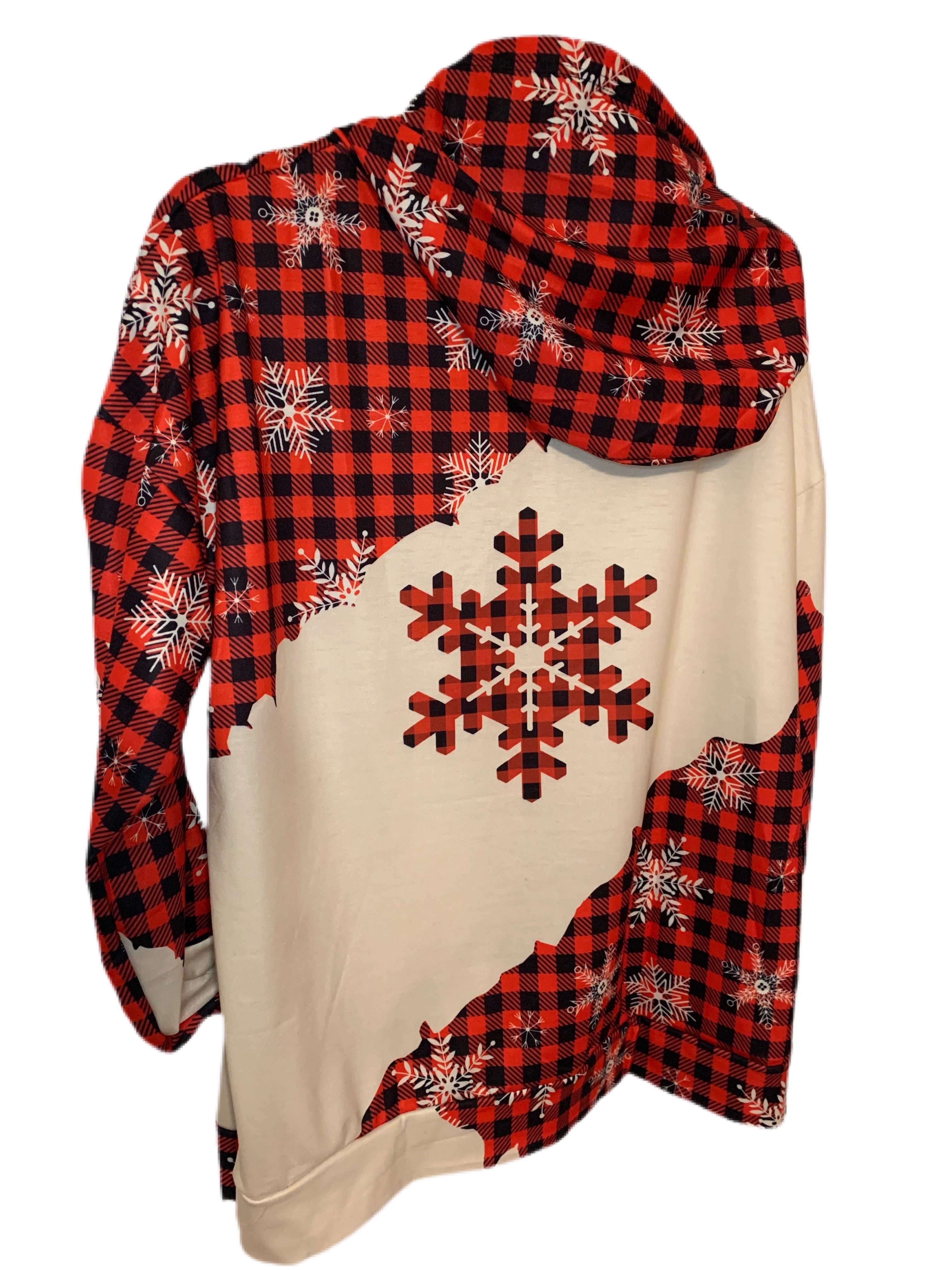  •Red plaid long sleeve with snowflake print and hooded back  •Pouch pocket on the front  •Lightweight knit hoodie  Runs true to size guide ! 