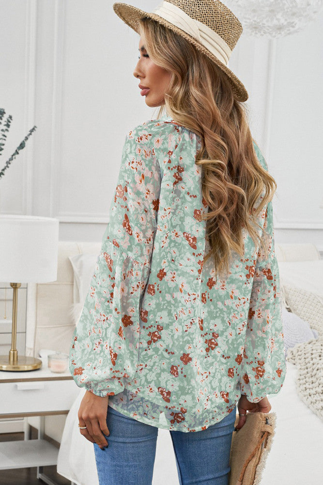 Sage Green Floral Puff Sleeve Blouse