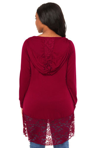 Cute Lace Trim Oversize Hoodie. Embroidered floral lace at the curved hem and hoodie makes this one of the prettiest pullovers we've seen. In tissue-weight jersey knit, with raglan sleeves in versatile color, it will be a best-loved this season.   Features  •Hooded shirt in casual oversize fit  •Delicate floral lace detailing the hood and hemline  •Made of soft quality jersey fabric, comfortable to wear  True to fit/roomy 