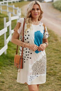 Teal and Blush Leopard Abstract Print Tee Dress
