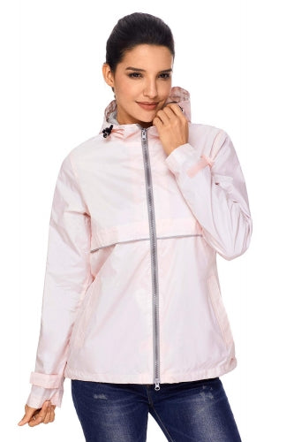 Pastel pink roomy lightweight jacket is fashionable outwear which features a zip up closure and sleeves are adjustable at wrists. Reflective accents adds safety in the dark. Affordable and fashionable!  Note: Very roomy! Can easily wear sweatshirt or sweater underneath. Go down a size if want more fitted.