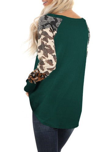 Green Multi Print Patchwork Long Sleeve Thermal Top