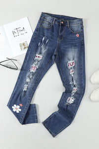 Rosy Pink Daisy Patches Stretch Denim Jeans