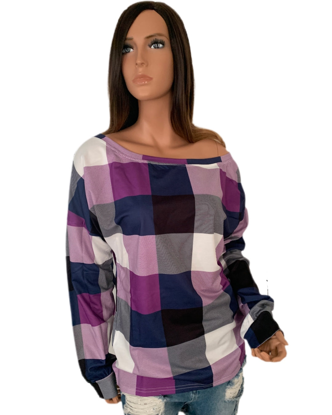 Purple Plaid Round Neck Long Sleeve Shirt