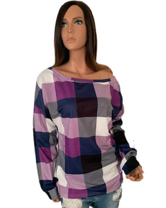 Purple Plaid Round Neck Long Sleeve Shirt