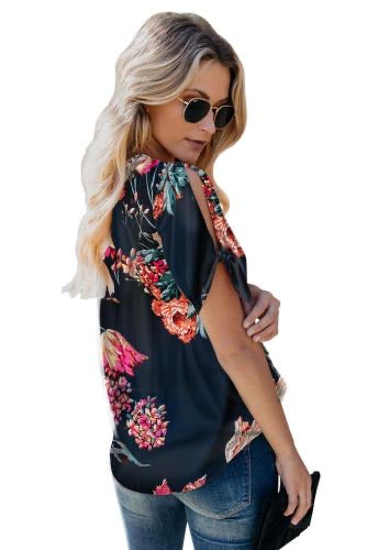 Navy Floral Draped Short Sleeve Blouse