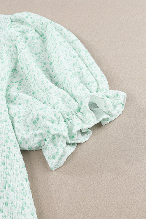 Mint Floral Puff Sleeve Crinkle Blouse