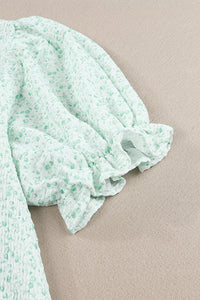 Mint Floral Puff Sleeve Crinkle Blouse