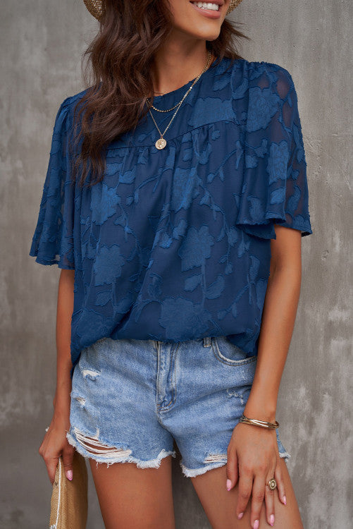Navy Textured Floral Bell Sleeve Blouse