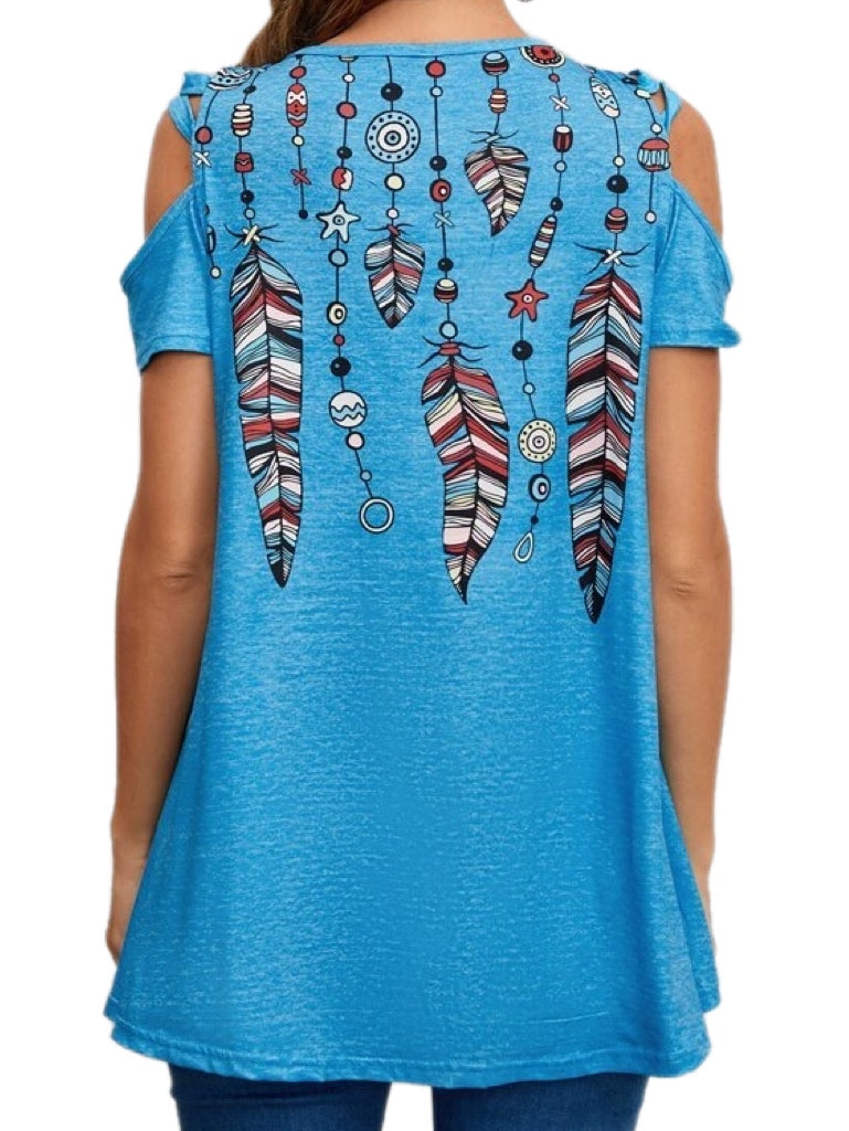 Turquoise Blue Feather Design Zip Up V-neck Knit Top