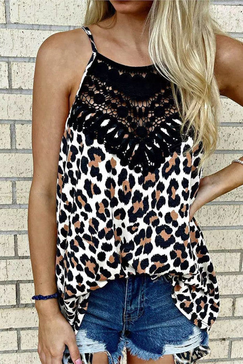 Beautiful black lace accented neckline, with brilliant leopard print halter tank. Nice lightweight knit fabric that is soft and comfortable on those warm sunny days. 