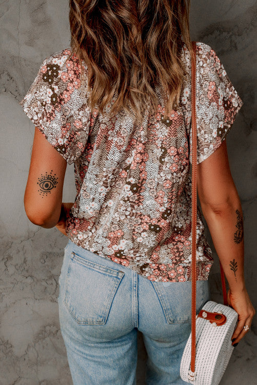 Khaki Floral Tie Front Flutter Sleeve Blouse