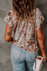 Khaki Floral Tie Front Flutter Sleeve Blouse