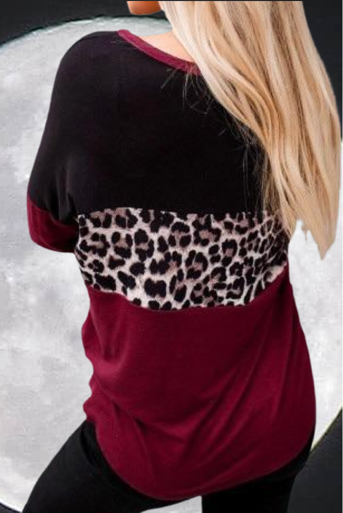Burgundy Black Leopard Print Color Block Tie Hem Raglan Sleeve Shirt