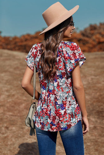 Blue and Red Floral Tie Front Short Sleeve Blouse
