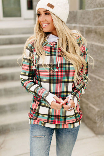 Holiday colored plaid pattern double hooded hoodie. Cowl neck with off to the side drawstring with asymmetrical zip, had with thumb hole at cuffs. Outer hood is holiday plaid pattern, with inside hood a solid white. Super soft cotton blend fabric.    