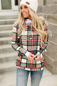 Holiday colored plaid pattern double hooded hoodie. Cowl neck with off to the side drawstring with asymmetrical zip, had with thumb hole at cuffs. Outer hood is holiday plaid pattern, with inside hood a solid white. Super soft cotton blend fabric.    