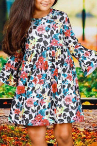 Girls Colorful Floral Leopard Print Ruffled Long Sleeve Dress