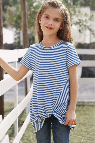 Girls Blue Striped Short Sleeve Front Twist Top