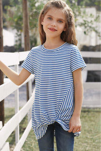 Girls Blue Striped Short Sleeve Front Twist Tunic Top
