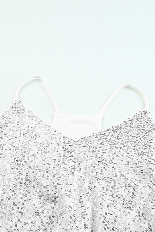 White with Silver Sequins V-neck Strappy Tank