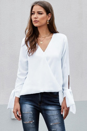 Fanciful White Wrap Over Tie Sleeve Silky Top
