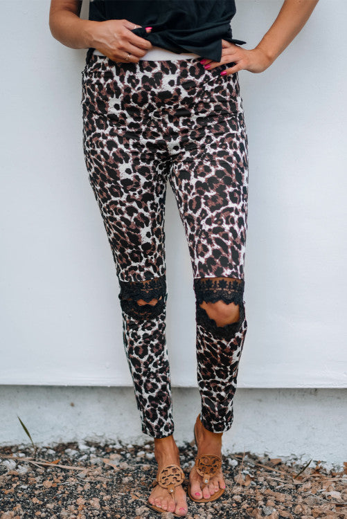 Leopard Print Black Lace Trim Cut Out Knee Leggings